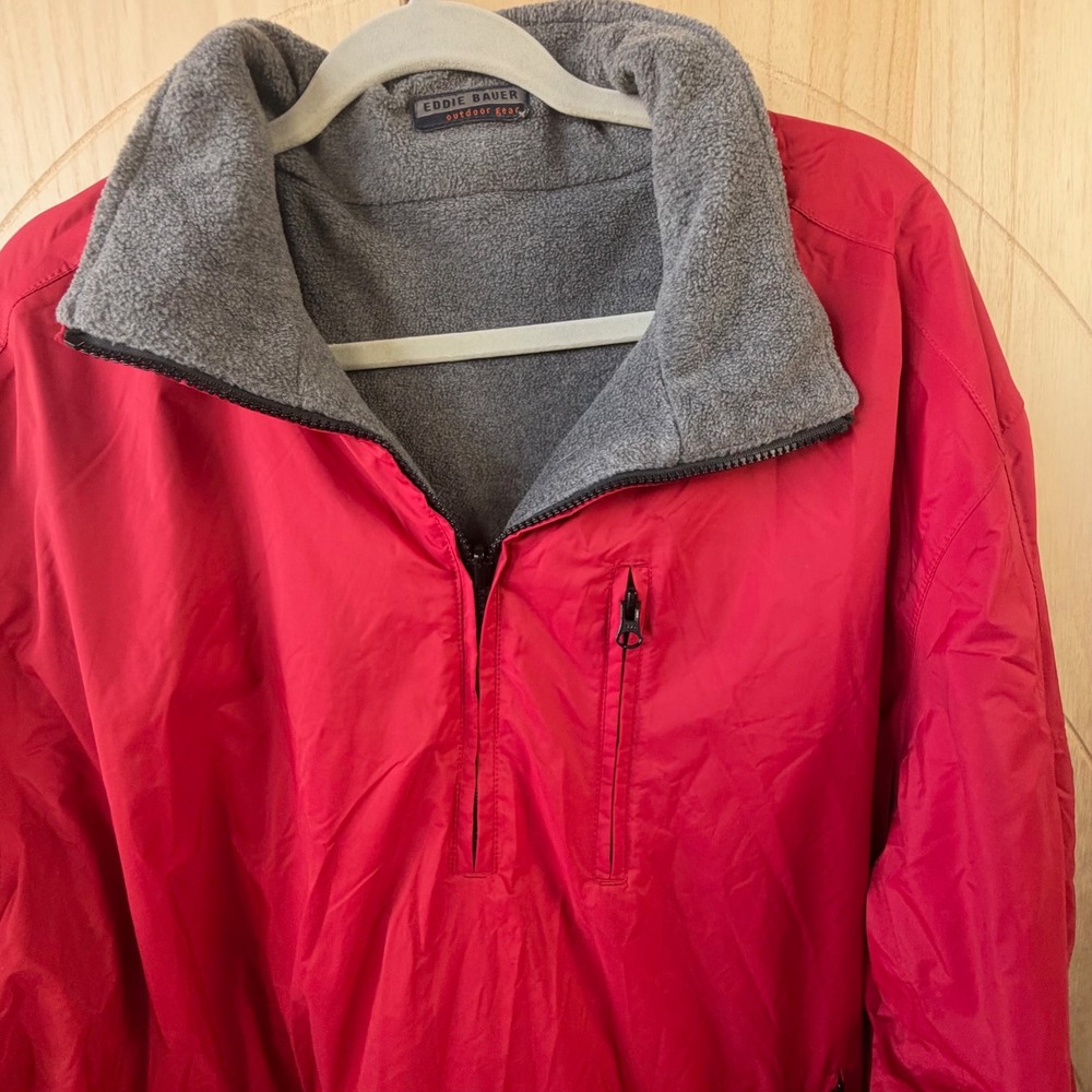 Eddie Bauer Pullover Jacket Mens XXL Red Fleece Lined Half Zip Windbreaker 1959